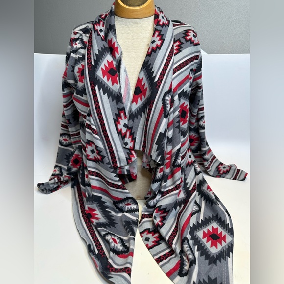 Sweaters - Aztec Print Open-Front Women's Sweater Cardigan - Gray/Red/Black